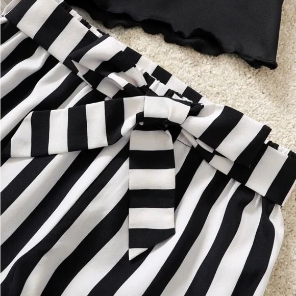 2pc Girl “Meow” Outfit With Belt | Black and White Stripes - Picture 4 of 12